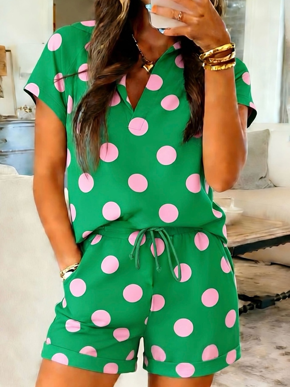Green Polka Dot Short Set with Pink Dots